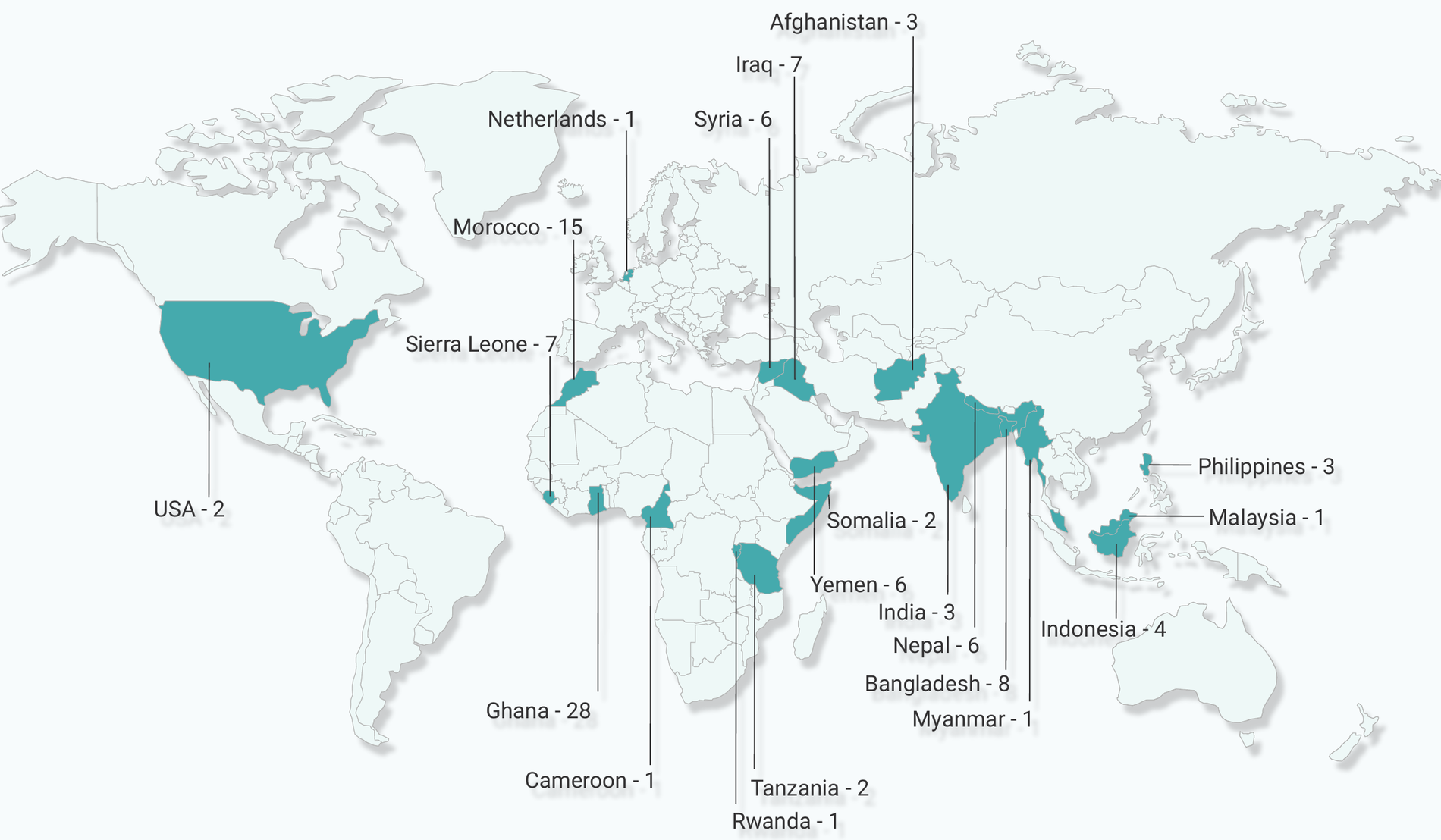 World map highlighting the 20 countries of origin of trafficking survivors served by SEED in 2025